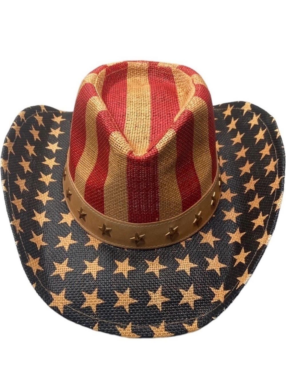 Stars & Stripes Straw Cowboy Hat - Red, Tan & Black
